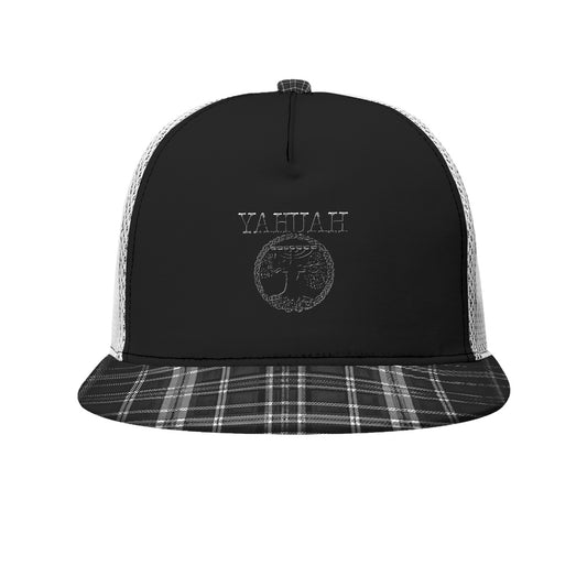 Yahuah-Tree of Life 02-04 + Digital Plaid 01-06A Designer Flat Brim Peaked Trucker Cap with White Half Mesh