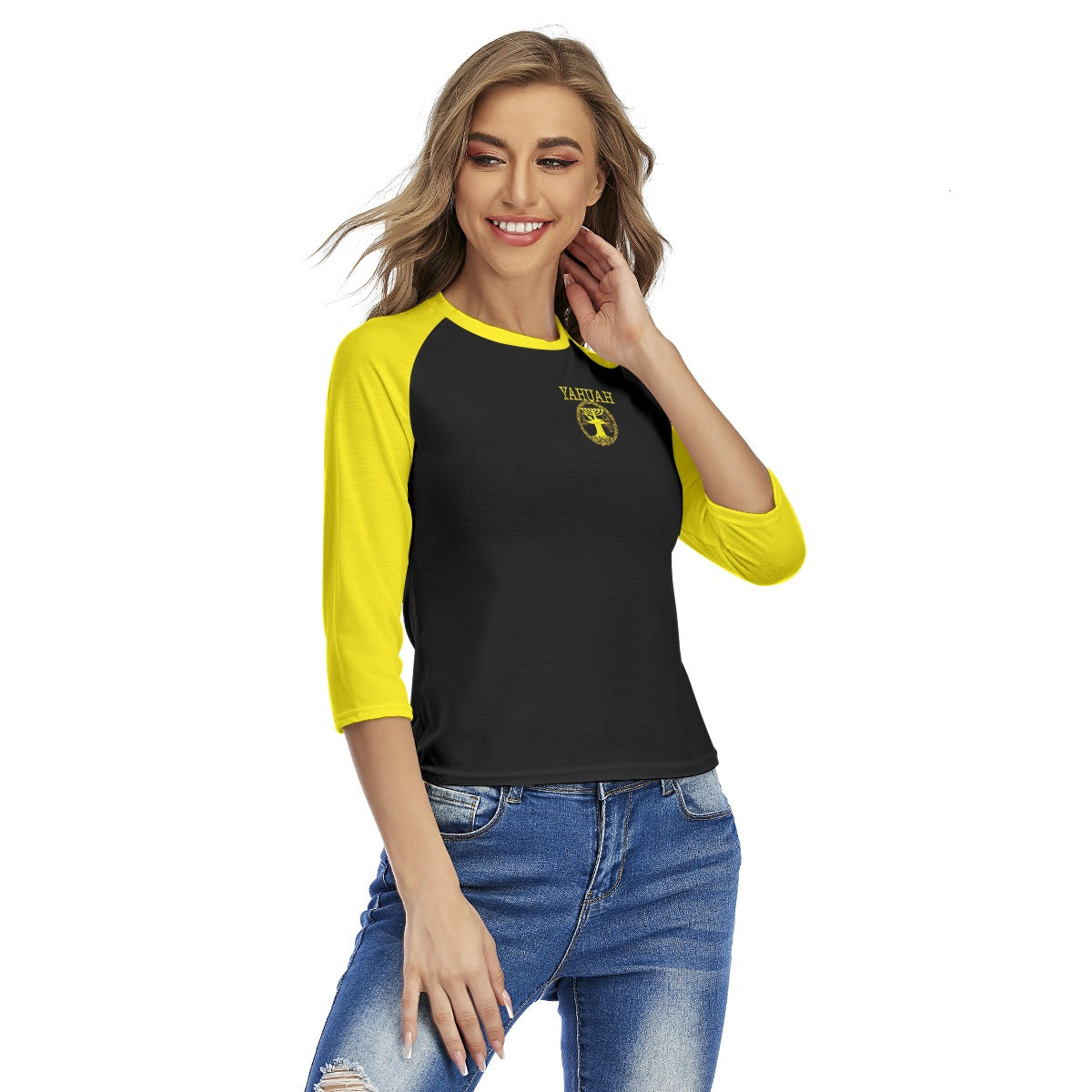 Yahuah-Tree of Life 02-01 Ladies Designer Slim Fit 3/4 Raglan Sleeve T-shirt