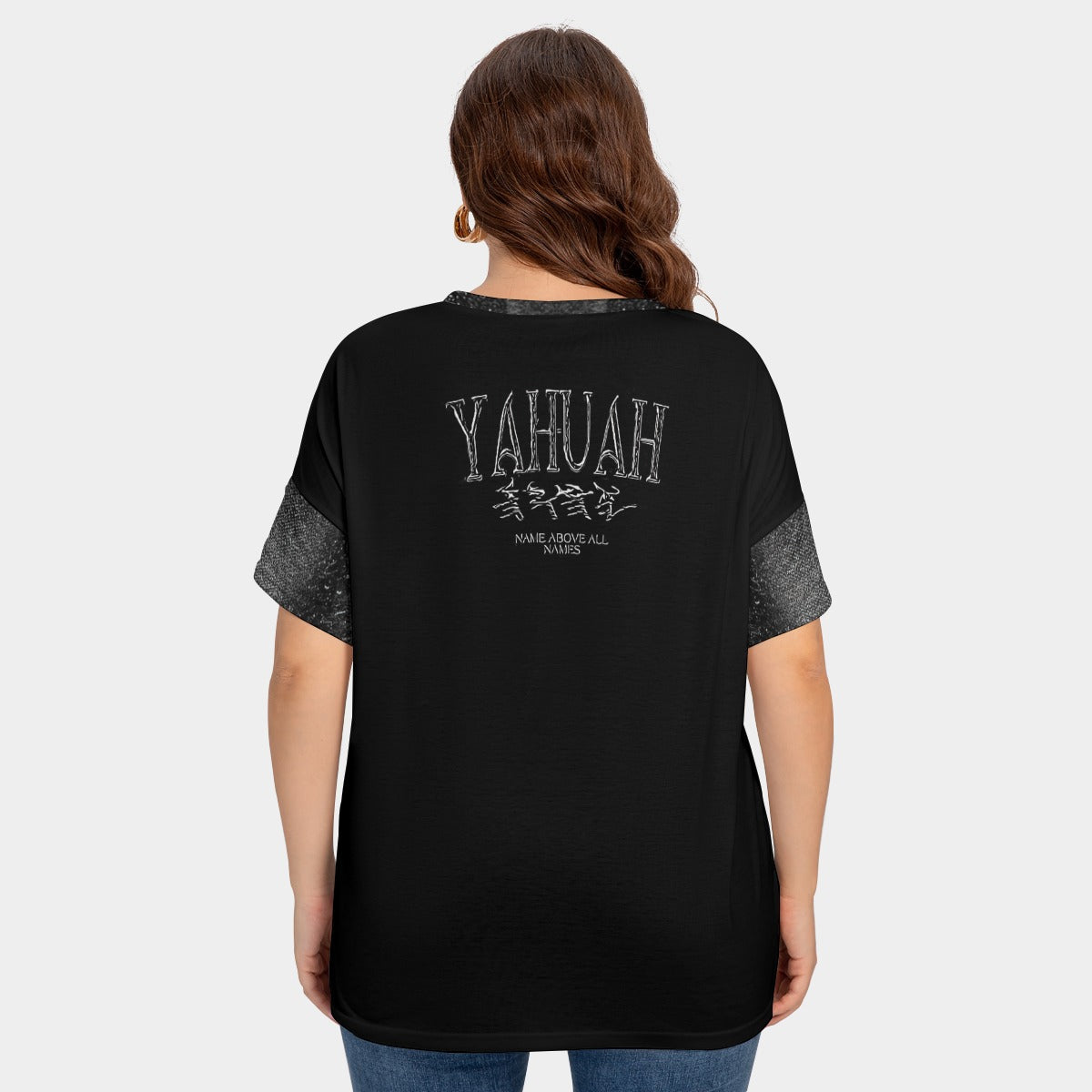 Yahuah-Name Above All Names 01-01 Ladies Designer Drop Shoulder V-neck Plus Size T-shirt with Sleeve Loops