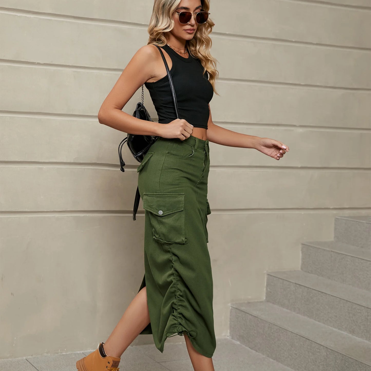 Drawstring Ruched Denim Cargo Midi Skirt (3 colors)