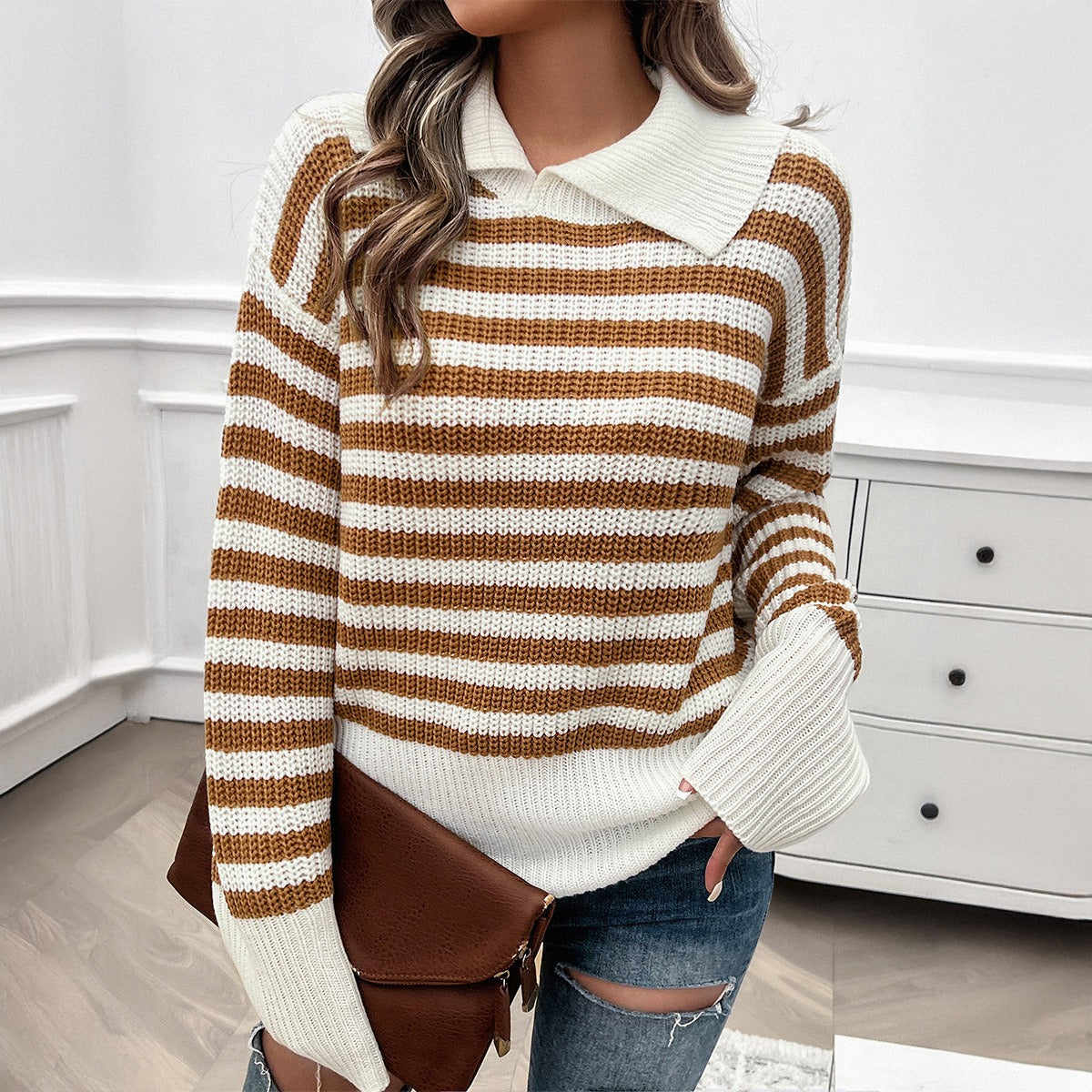 Striped Lapel Collar Sweater (5 colors)