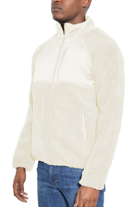 Stand Collar Color Block Full Zip Male Sherpa Fleece Sweater (5 colors)