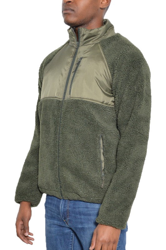 Stand Collar Color Block Full Zip Male Sherpa Fleece Sweater (5 colors)