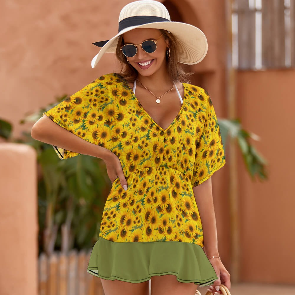 TRP Floral Print 04: Sunflowers 01 Designer Smocked Ruffle Hem Dress (3 colors)