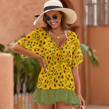 TRP Floral Print 04: Sunflowers 01 Designer Smocked Ruffle Hem Dress (3 colors)