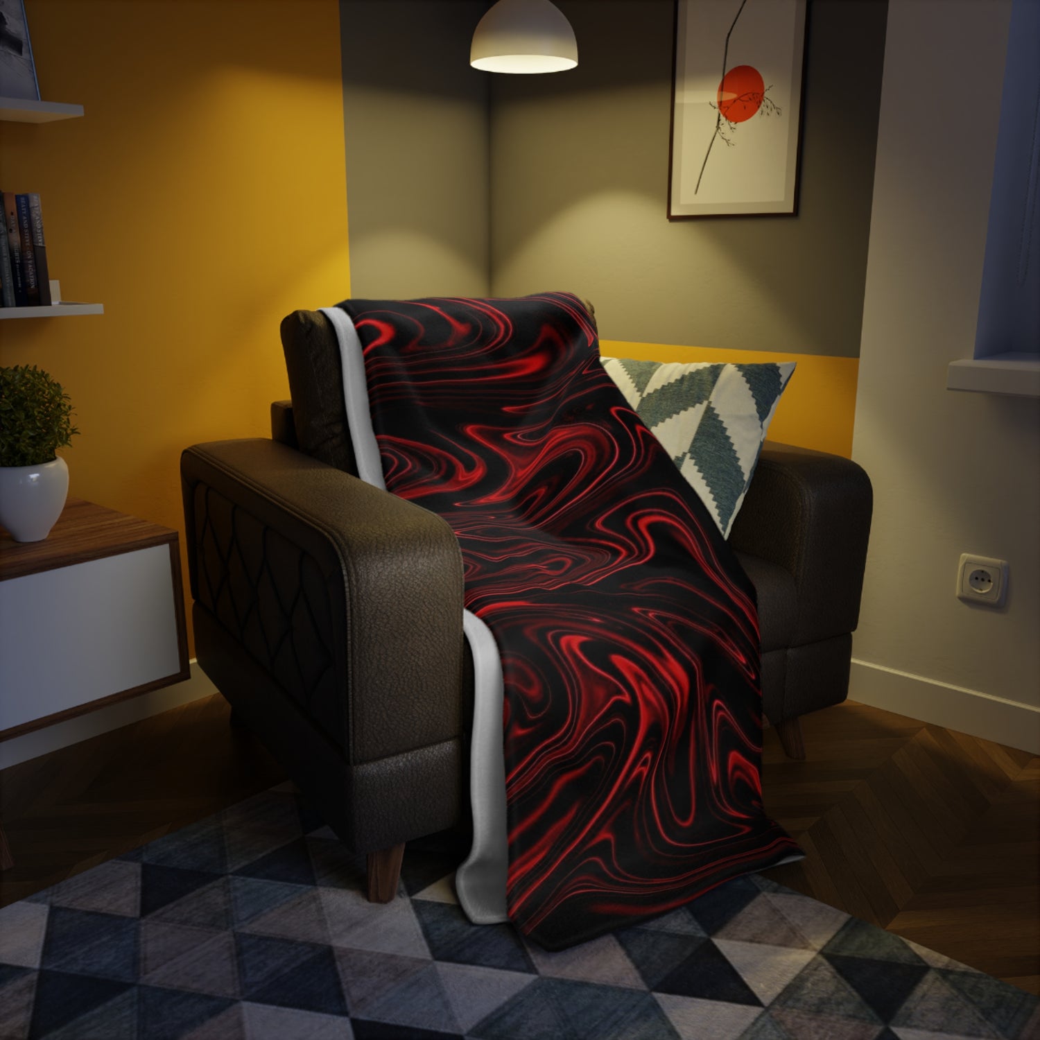 A red and black marbled blanket draped over a brown leather armchair in a modern living room with warm lighting.