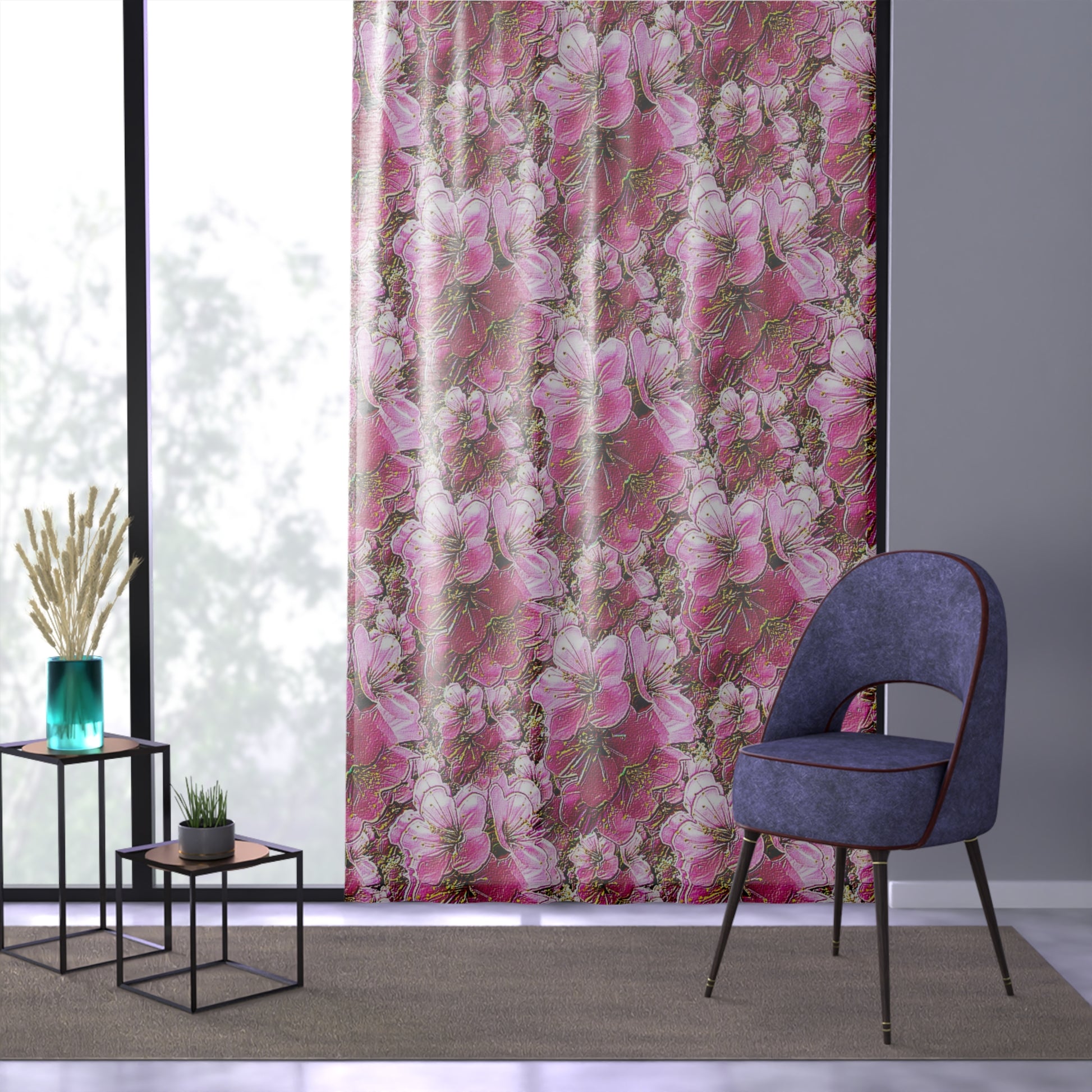 Modern room with a purple velvet chair and pink cherry blossom curtains hanging in front of a large window.