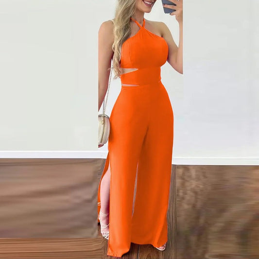 Hollowed Out Halter Neck Slim Fit Open Back Jumpsuit (Orange/Rose Red)