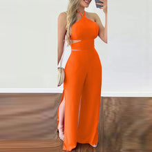 Cargar imagen en el visor de la galería, Hollowed Out Halter Neck Slim Fit Open Back Jumpsuit (Orange/Rose Red)
