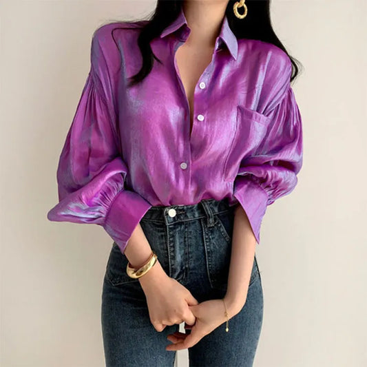 Gradient Color Puff Sleeve Blouse (Purple/Blue)