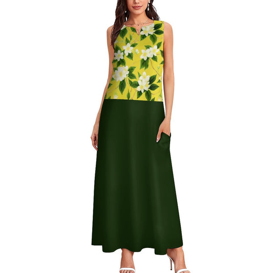 TRP Floral Print 10: Jasmine Vine 01-01 Designer Two-Tone Sleeveless Maxi Dress