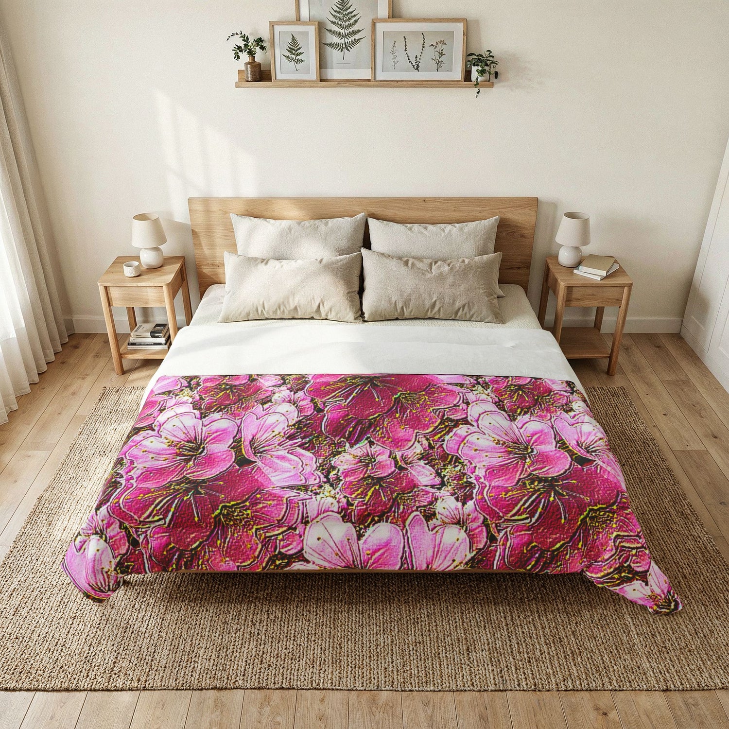 Vibrant pink and gold cherry blossom comforter on a King Size bed in a bright, minimalist room with light wood furniture and botanical wall art.