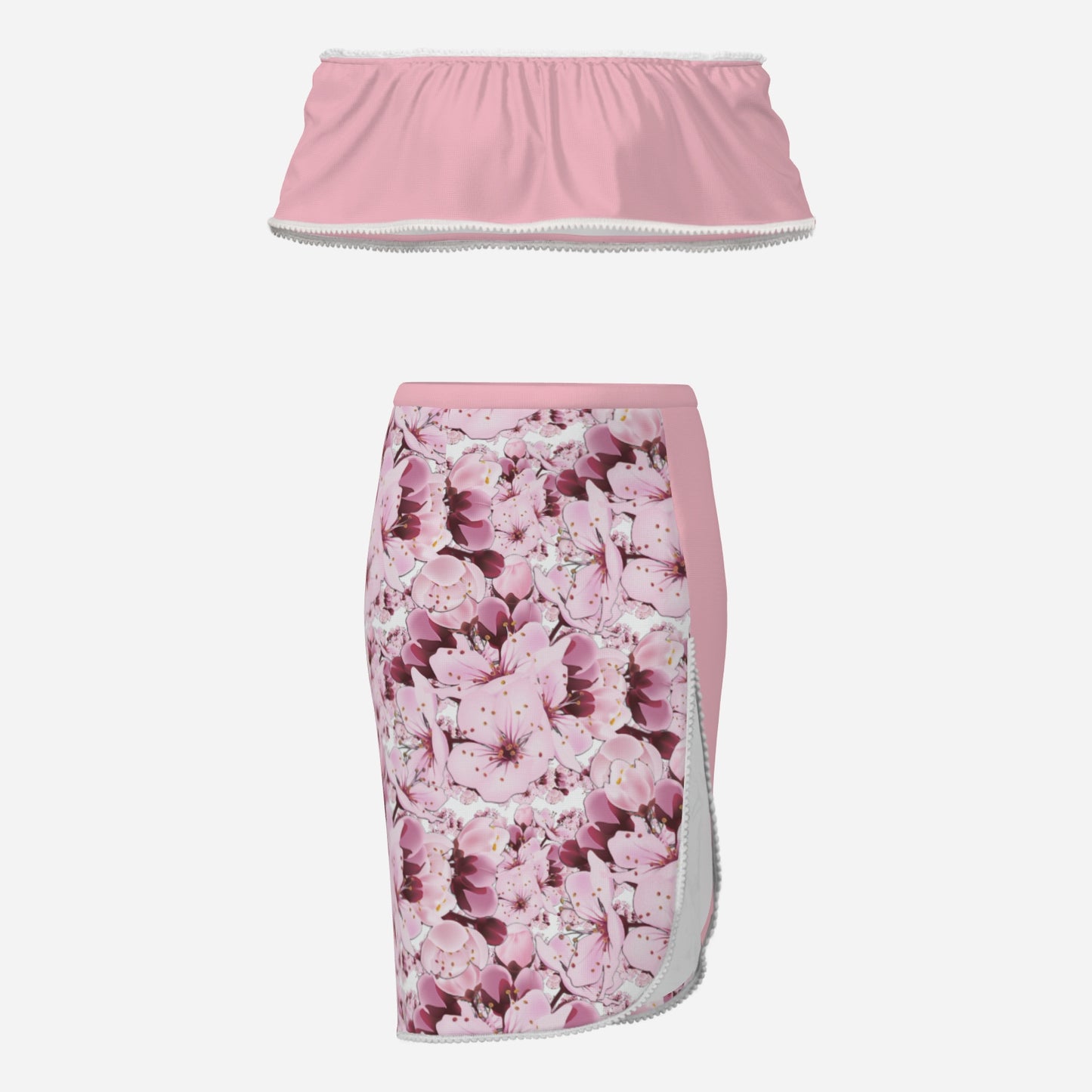 TRP Floral Print 01: Cherry Blossoms 01 Designer Ruffle Tube Top  & High Slit Skirt Set