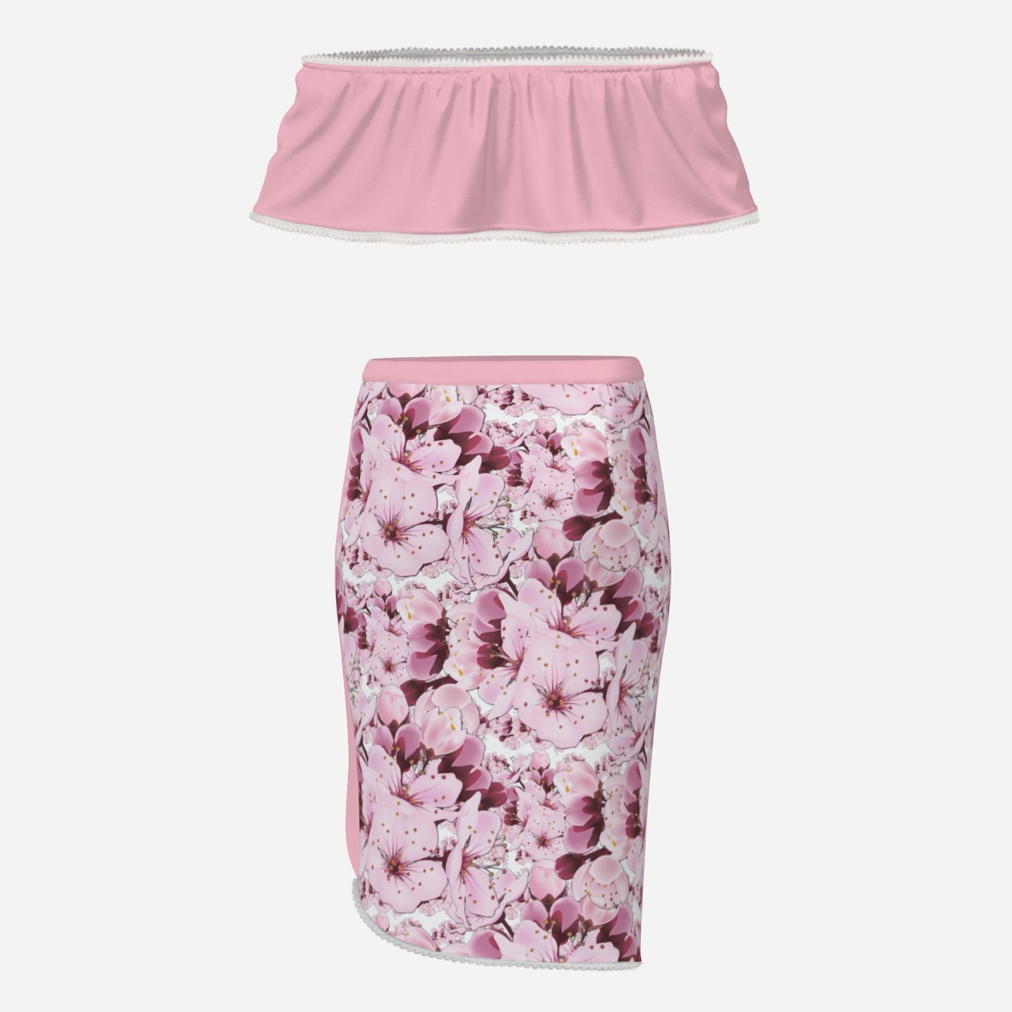 TRP Floral Print 01: Cherry Blossoms 01 Designer Ruffle Tube Top  & High Slit Skirt Set