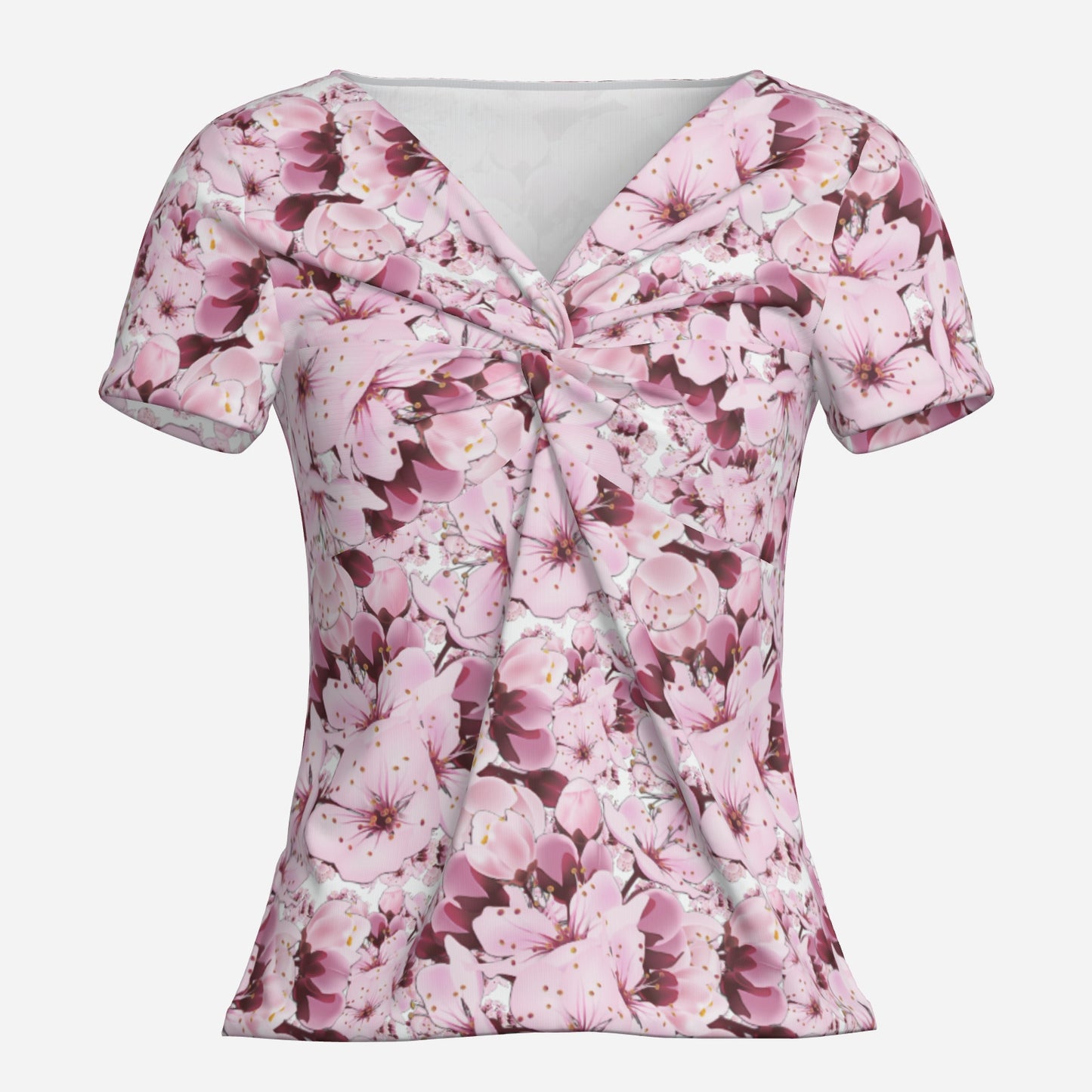 TRP Floral Print 01: Cherry Blossoms 01 Designer Twist Front V-neck Navel-baring T-shirt
