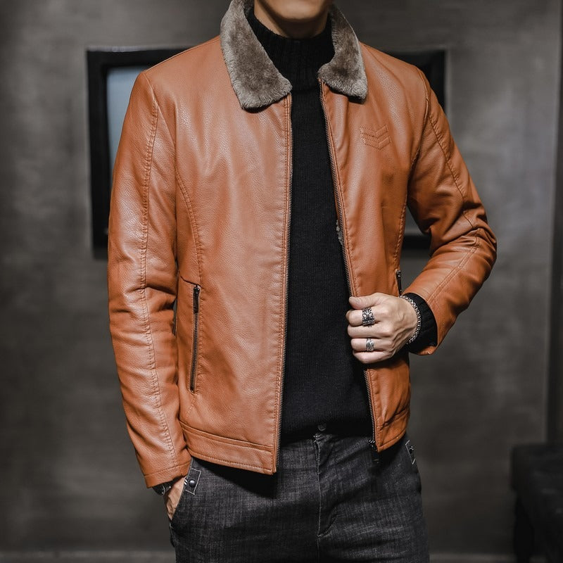 Men's Lapel Collar Plush Lined PU Leather Bomber Jacket (3 colors)