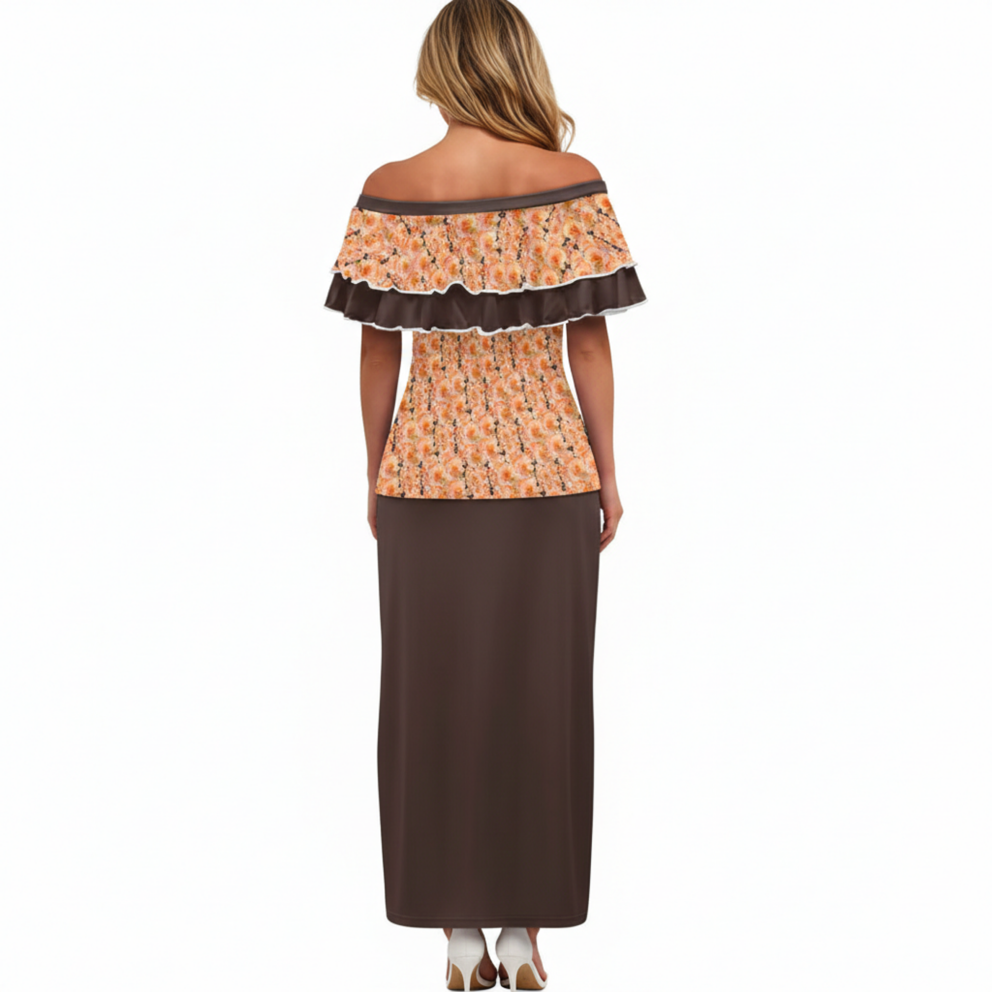 Back view of the Apricot Bloom Essential dress showing the off-the-shoulder Bardot neckline and continuous floral flounce detail.