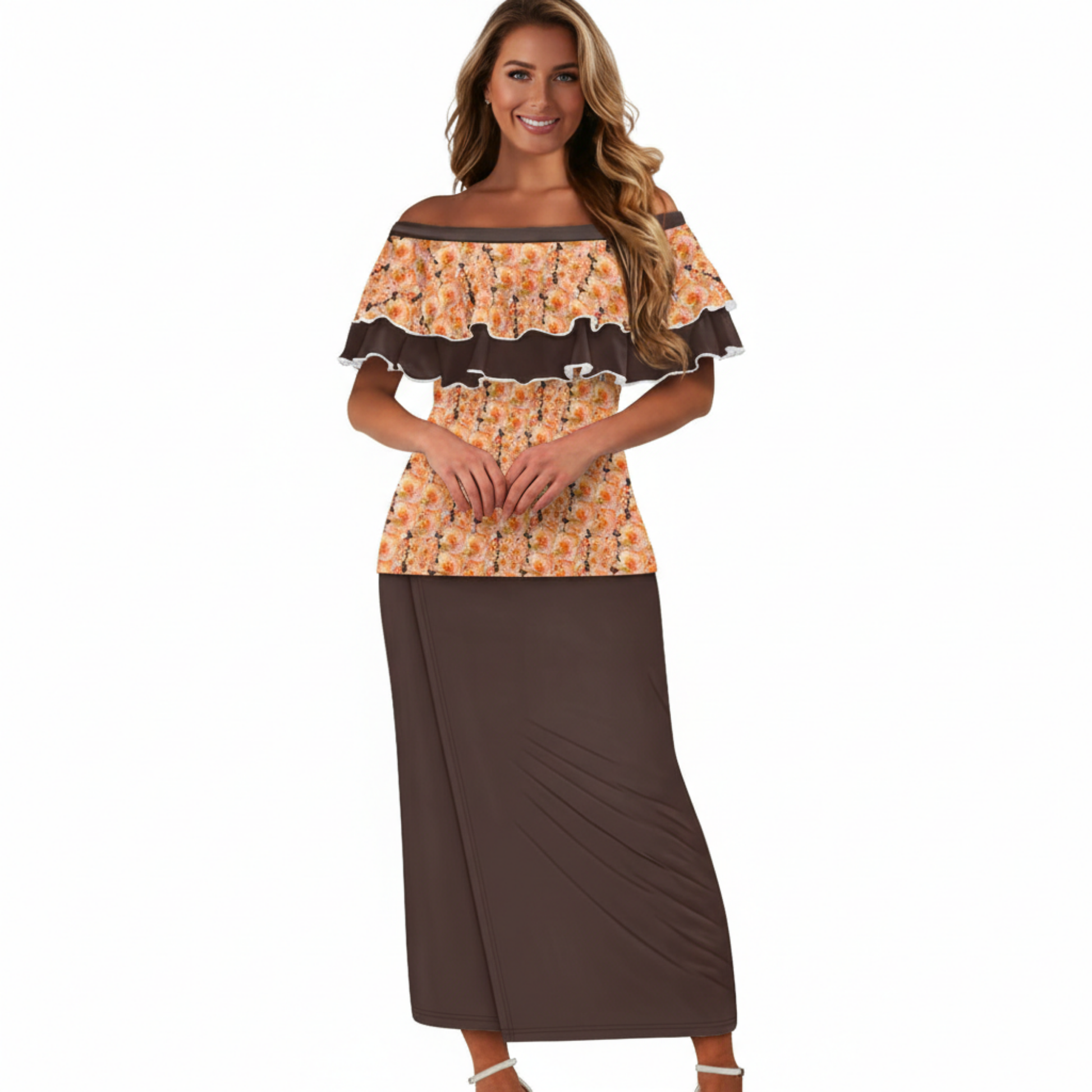 Woman wearing TRP Apricot Bloom Essential maxi dress featuring a double-ruffle botanical print bodice and solid espresso brown column skirt.