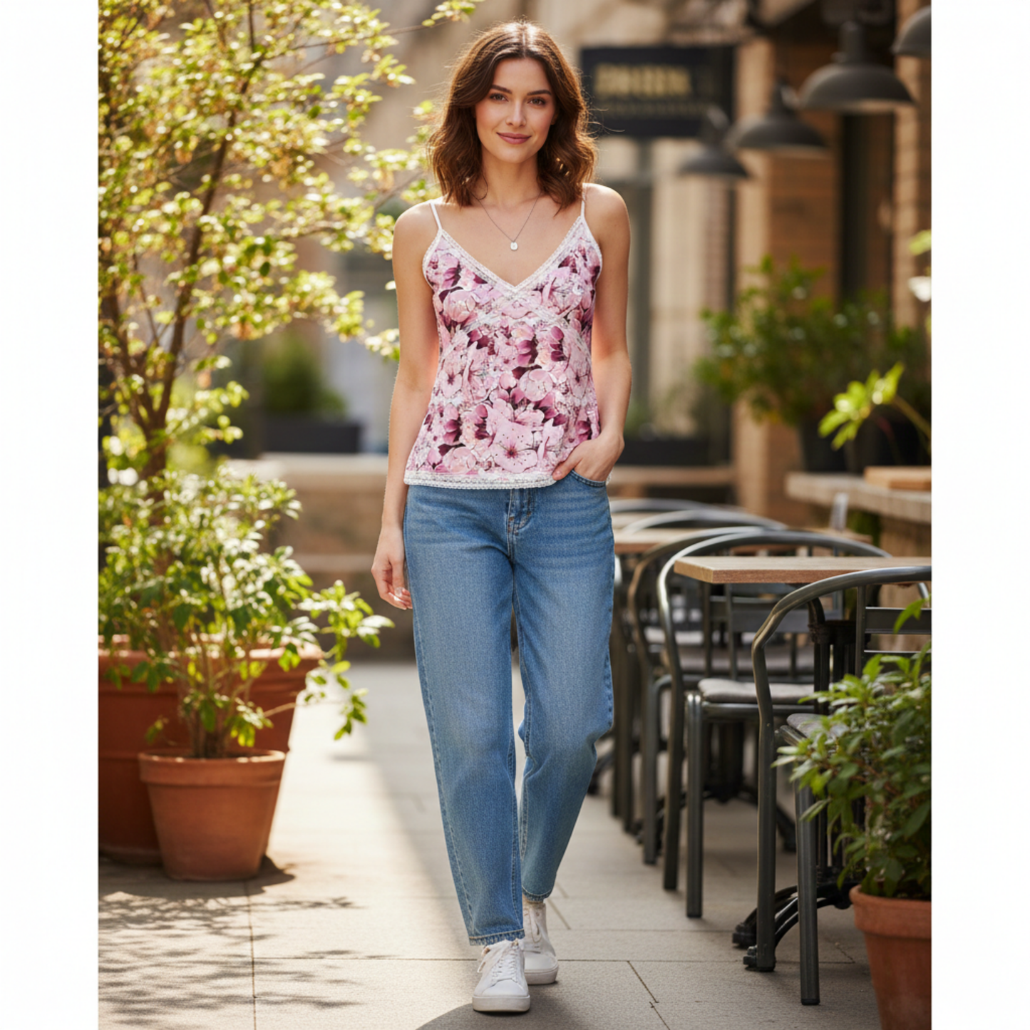 TRP Floral Print 01: Whimsical Sakura Symphony 01-01 Lace Trim Cami