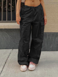 Y2K Pantalones cortavientos cargo de pierna ancha de color liso para mujer (5 colores)