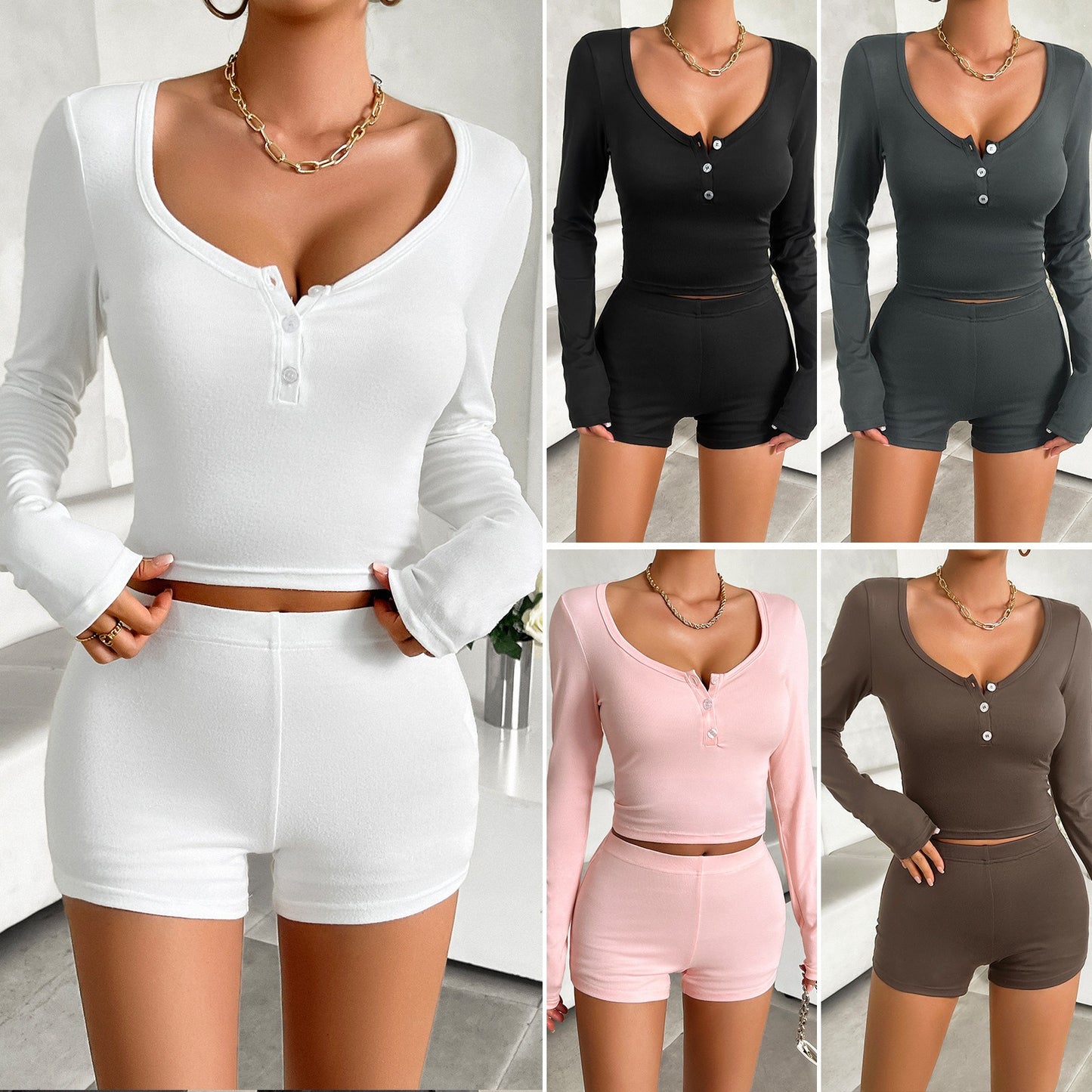 Two Piece Solid Color Slim Fit U-neck Long Sleeve Top and Shorts Set (5 colors)