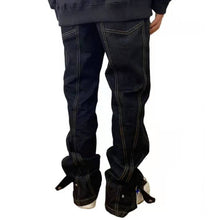 Cargar imagen en el visor de la galería, Vaqueros de mezclilla masculinos de pierna recta con múltiples bolsillos y peso pesado retro (negro / azul)