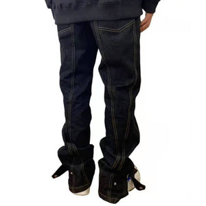 Vaqueros de mezclilla masculinos de pierna recta con múltiples bolsillos y peso pesado retro (negro / azul)
