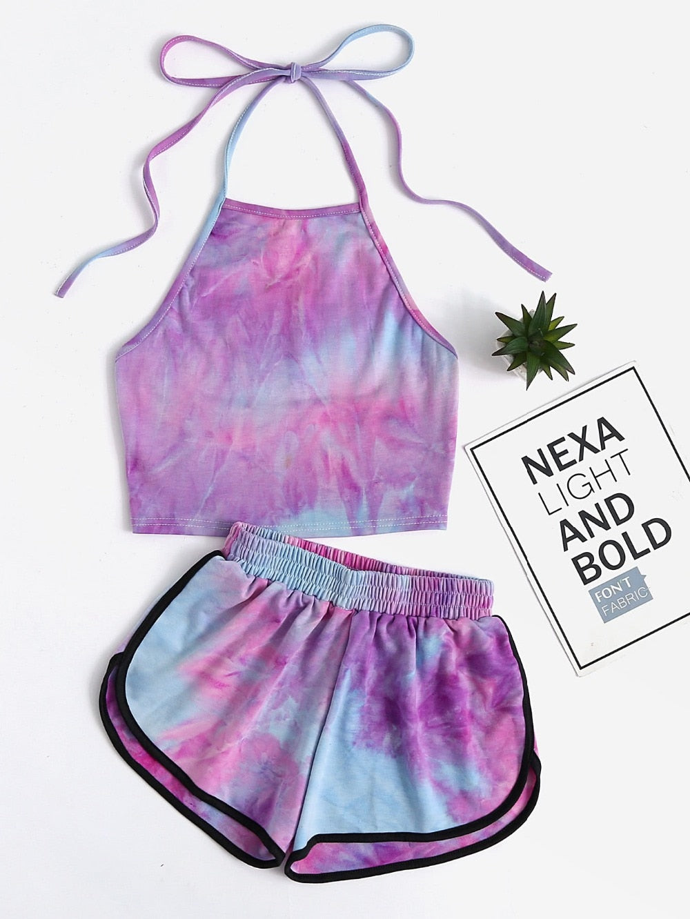 Tie Dye Gradient Halter Crop Top and Shorts Set