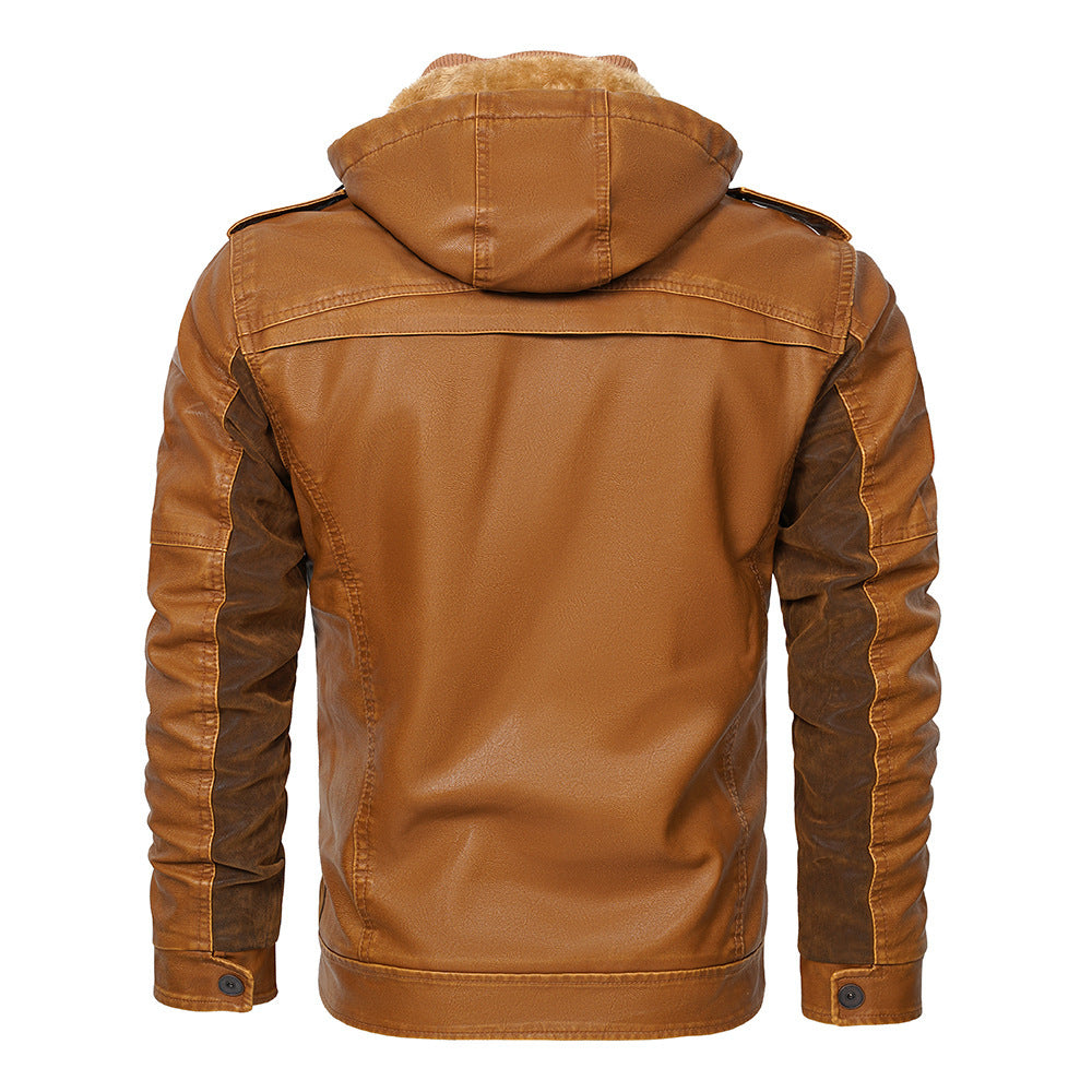 Hooded PU Leather Fleece Lined Male Trucker Jacket (Bronze/Black)