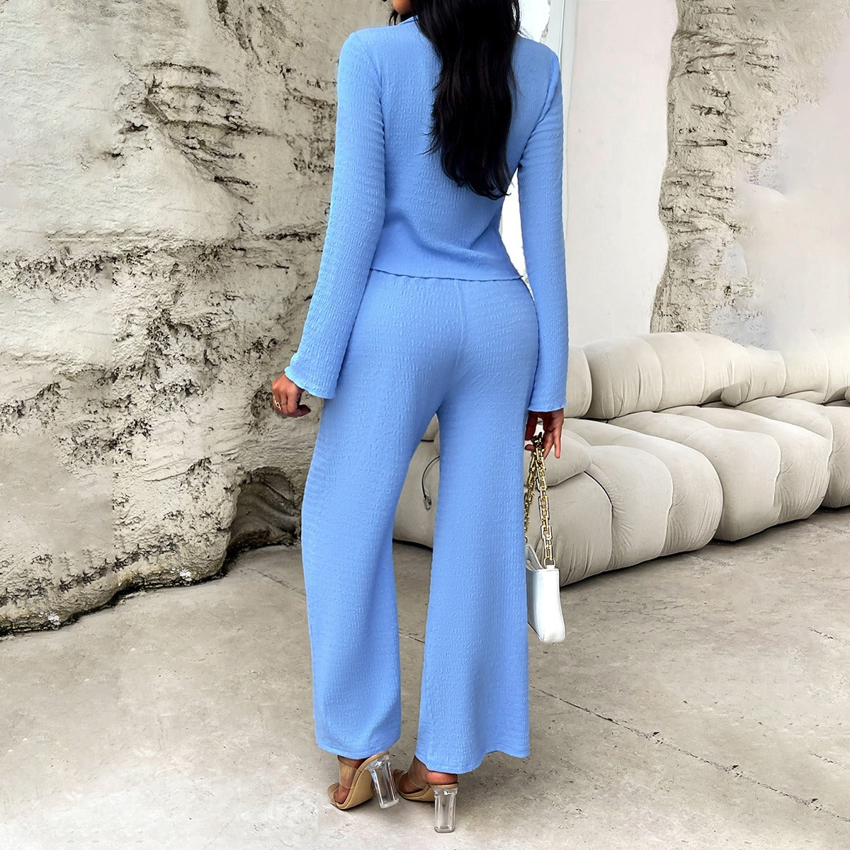 Sky Blue Two Piece Long Sleeve Blouse and Wide Leg Pants Set