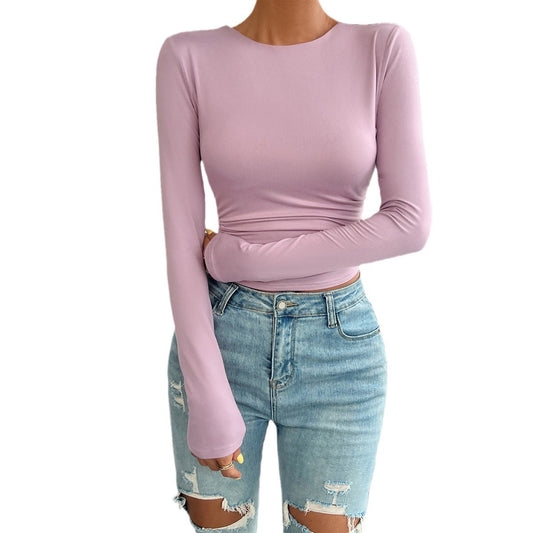 Slim Fit Round Neck Solid Color Long Sleeve T-shirt (4 colors)