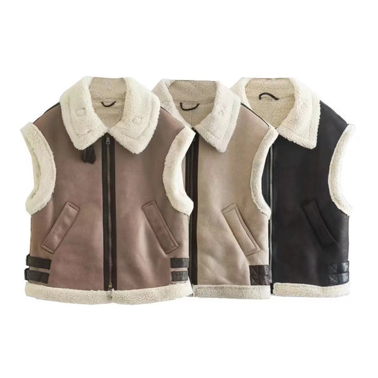 Spliced PU Leather Fleece Lined Lapel Collar Lady Vest (3 colors)