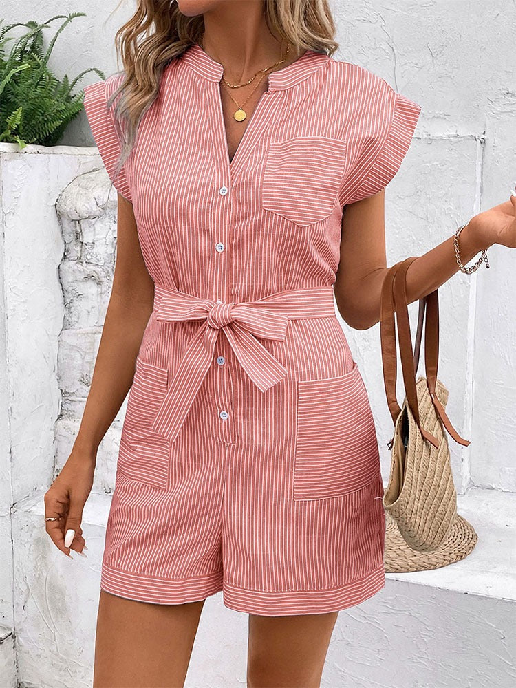 Striped Cap Sleeve Belted Romper (8 colors)