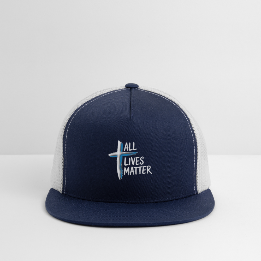 Outspoken Designs 04-01 "All Lives Matter" Designer Yupoong Trucker Cap (3 colors) - navy/white