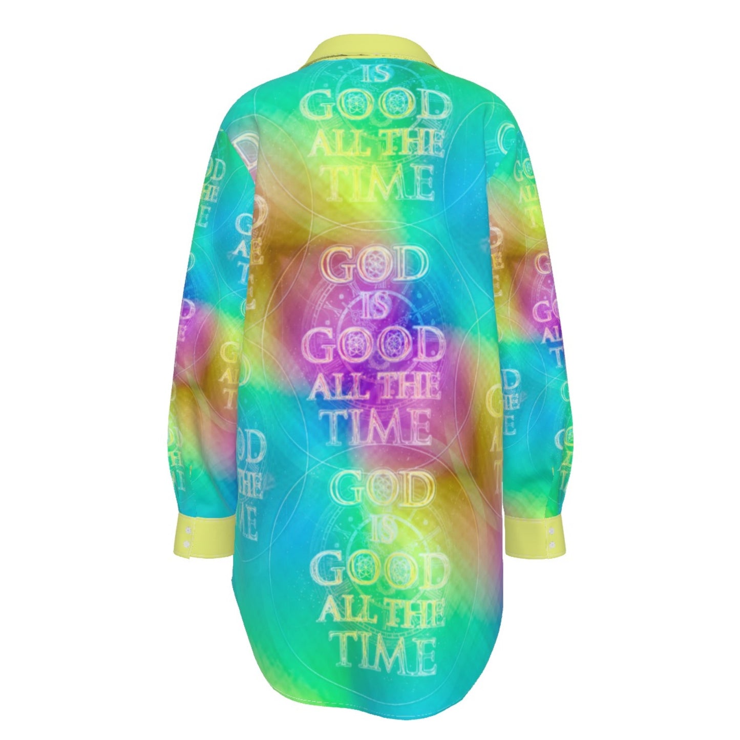 Chroma-Shift Art-to-Wear: God is Good All The Time 01-04 Plus Size Long Sleeve Camp Collar Shirt
