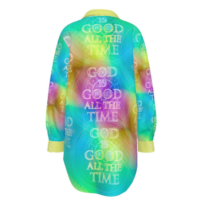 Chroma-Shift Art-to-Wear: God is Good All The Time 01-04 Plus Size Long Sleeve Camp Collar Shirt