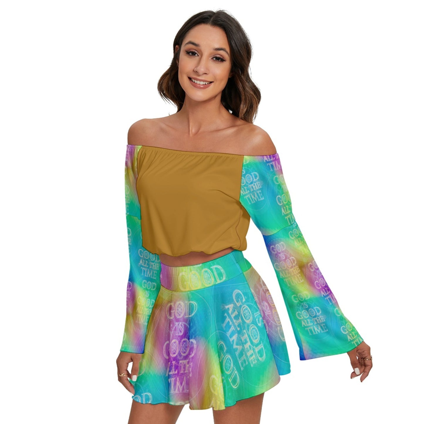 Chroma-Shift Art-to-Wear: God is Good All The Time 01-03 Cropped Off Shoulder Bell Sleeve Top and Pleated Mini Skirt Set