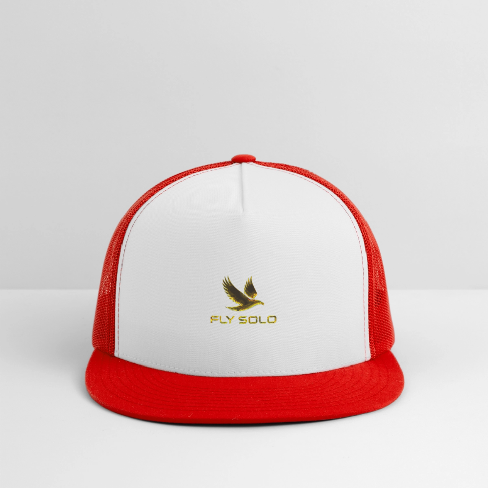 Outspoken Designs 03-01 "Fly Solo" Designer Yupoong Trucker Hat - white/red