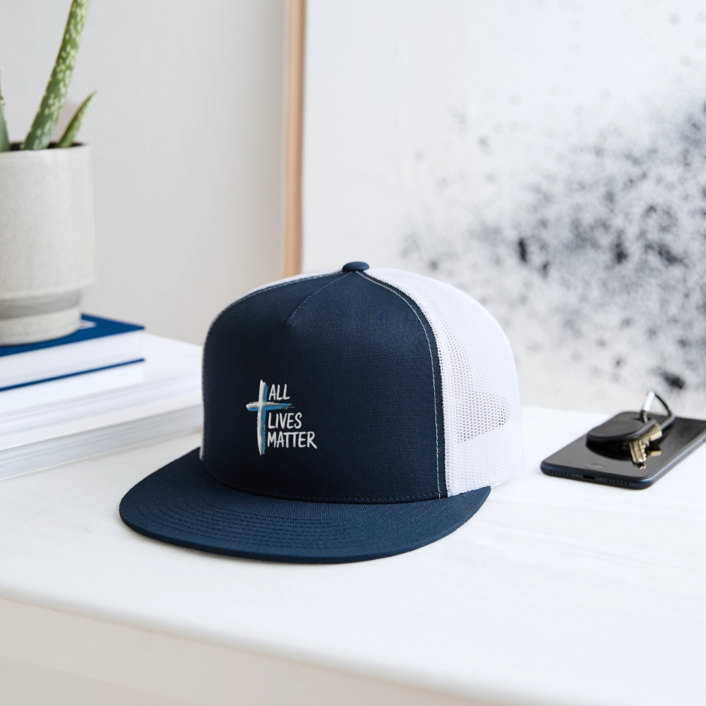 Outspoken Designs 04-01 "All Lives Matter" Designer Yupoong Trucker Cap (3 colors) - navy/white