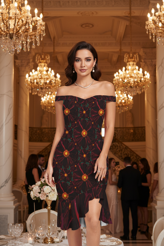 TRP Floral Prints (02): Midnight Bishop of Auckland Dahlia (01–02) | Bodycon Off-Shoulder High-Low Ruffle-Hem Dress