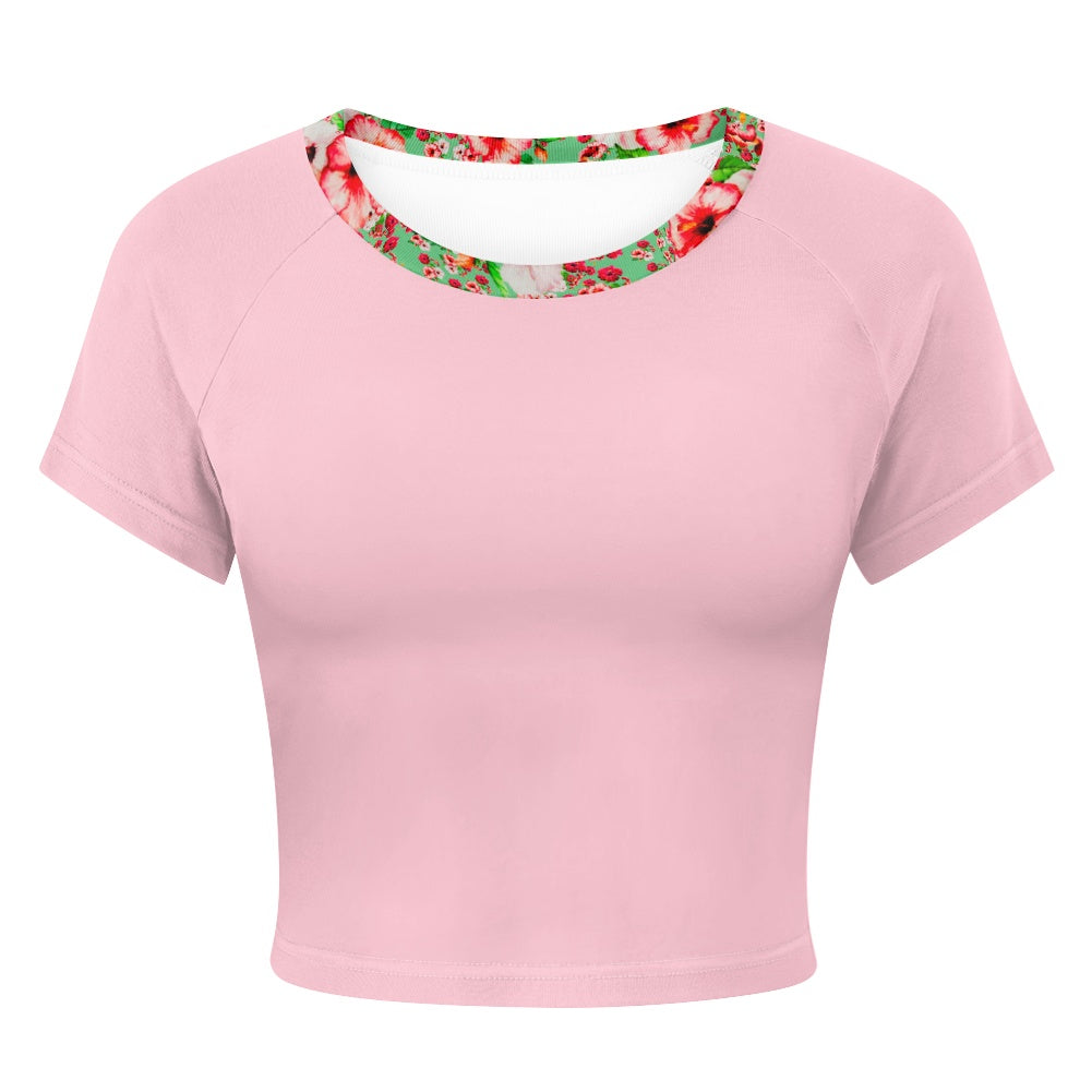 TRP Floral Print 03: Hibiscus Flowers 01-02 Tropical Bloom Fitted Crop Top, PalePink