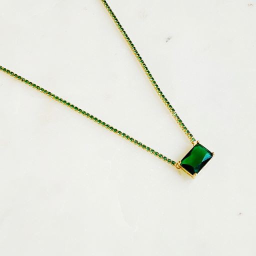 Emerald Cut Gemstone Solitaire Pendant Tennis Necklace (crystal clear, pink, emerald green)