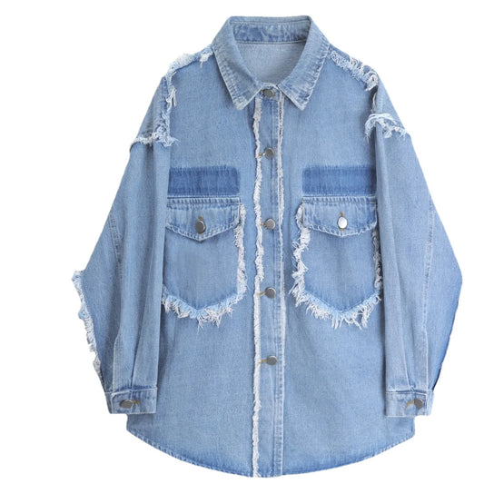 Lake Blue Frayed Drop Shoulder Denim Shacket for Women