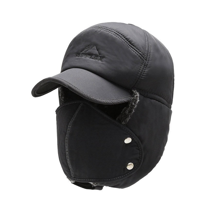 Fleece Lined Curve Brim Trapper Hat with Face Mask (Black/Blue/Gray)