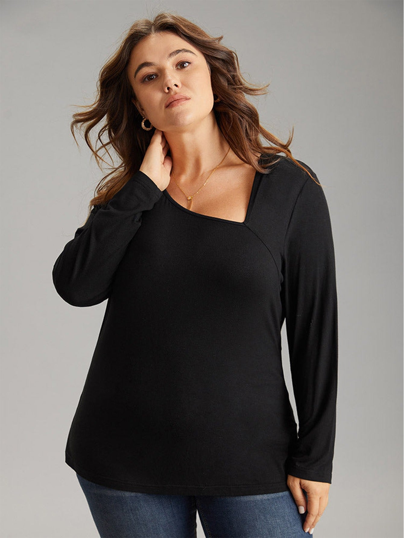 Solid Black Diagonal Collar Off Shoulder Knitted Long Sleeve T-shirt