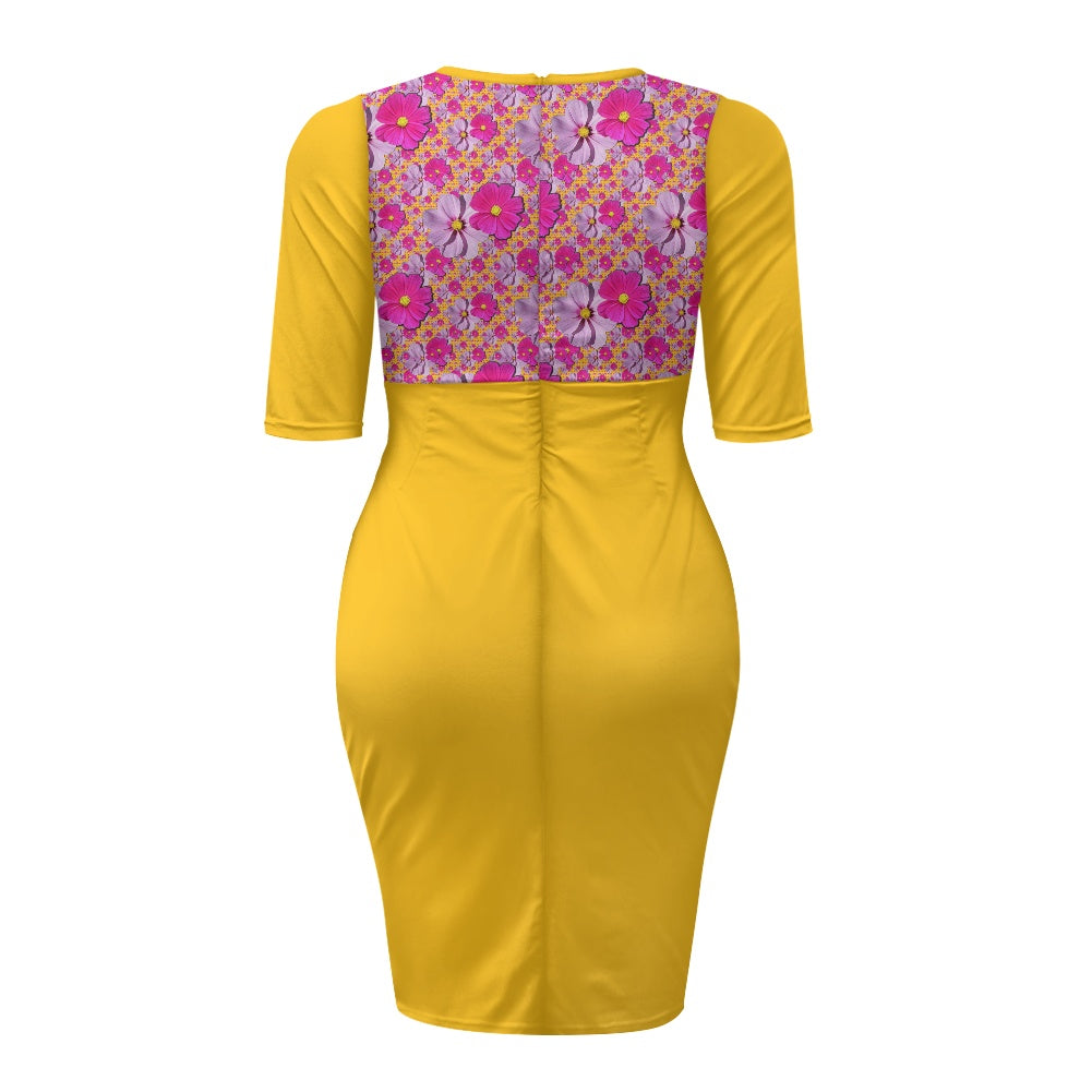 TRP Floral Print 05: Garden Cosmos Designer Ruched 3/4 Sleeve Midi Dress