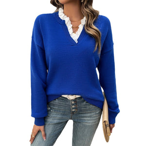 Temperament Lace Trim Triblend V-neck Sweater (4 colors)