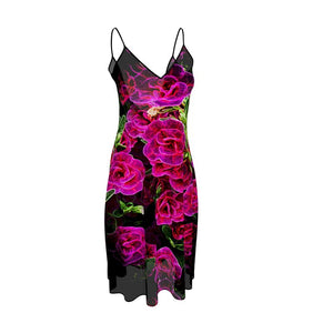 Floral Embosses: Roses 02-01 Designer Sleeveless V-neck Backless Flared Midi Dress