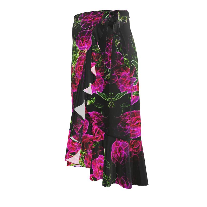 Floral Embosses: Roses 02-01 Designer Flounce Wrap Midi Skirt