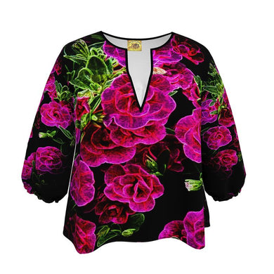 Floral Embosses: Roses 02-01 Designer 3/4 Sleeve Notch Neck Tunic Blouse
